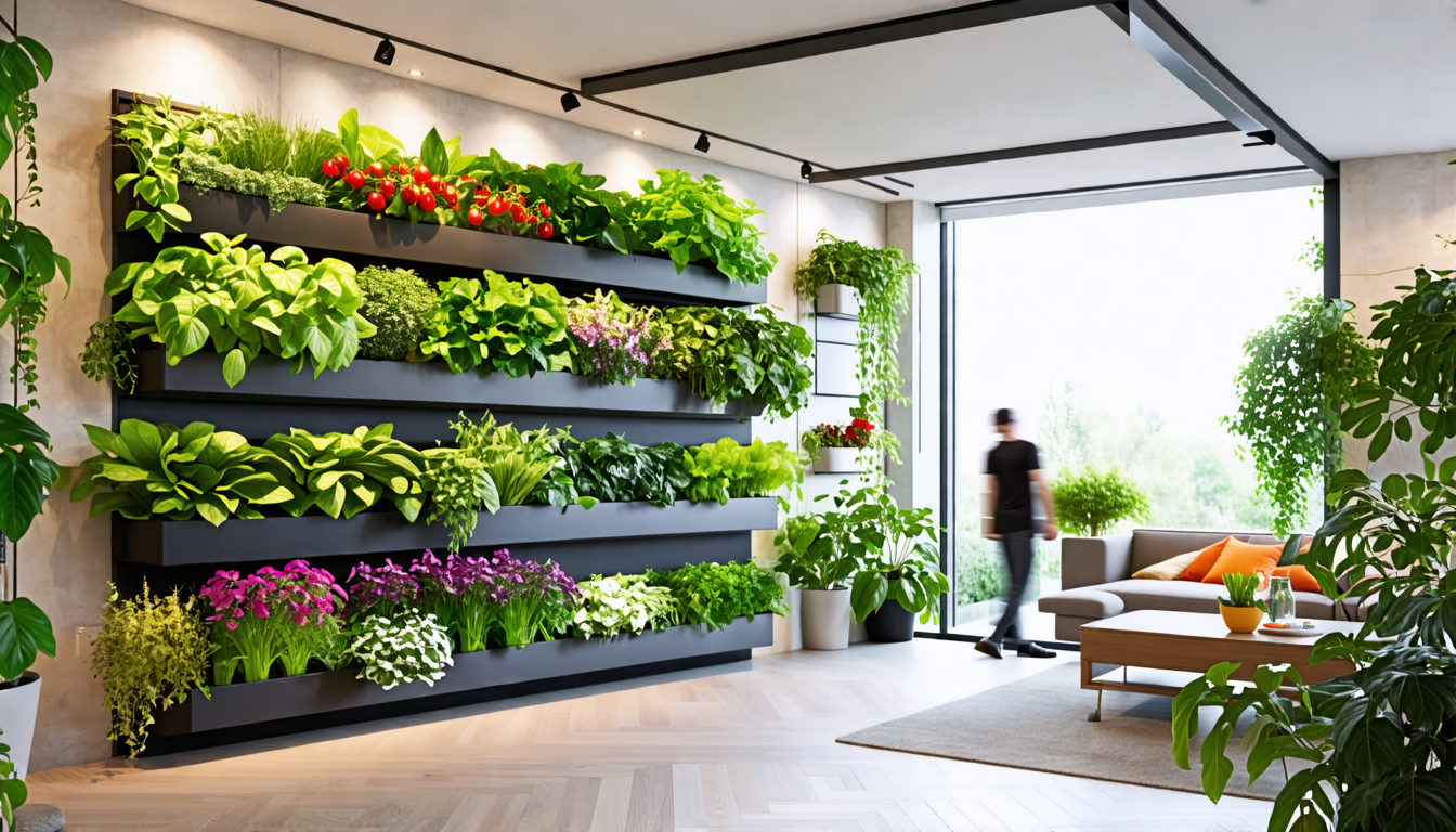 Create an image of a modern indoor living space featuring a sleek and innovative vertical garden system called 'Garden Stack.' The system consists of stackable, modular planters filled with lush, vibr