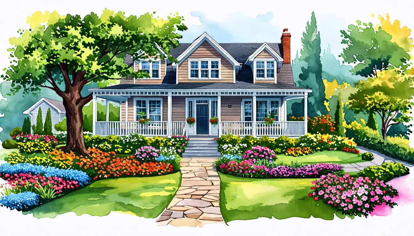 Create an aerial view of a charming house with a beautifully landscaped yard. The house should have a welcoming appearance, with a porch and large windows. The yard should feature a variety of vibrant