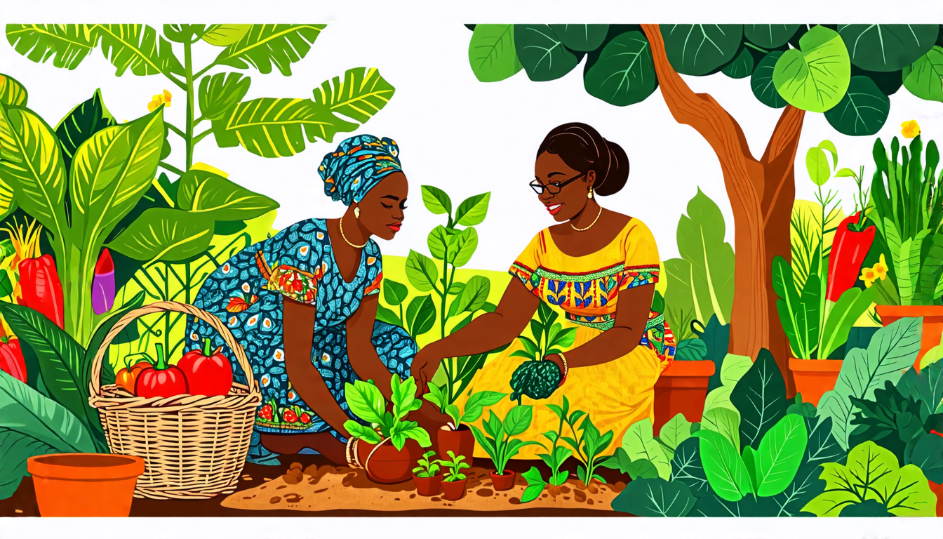 Create an illustration of a serene home garden scene in Kebbi, Nigeria, featuring the First Lady of Kebbi engaged in gardening activities. She is surrounded by vibrant, lush plants and vegetables, emb