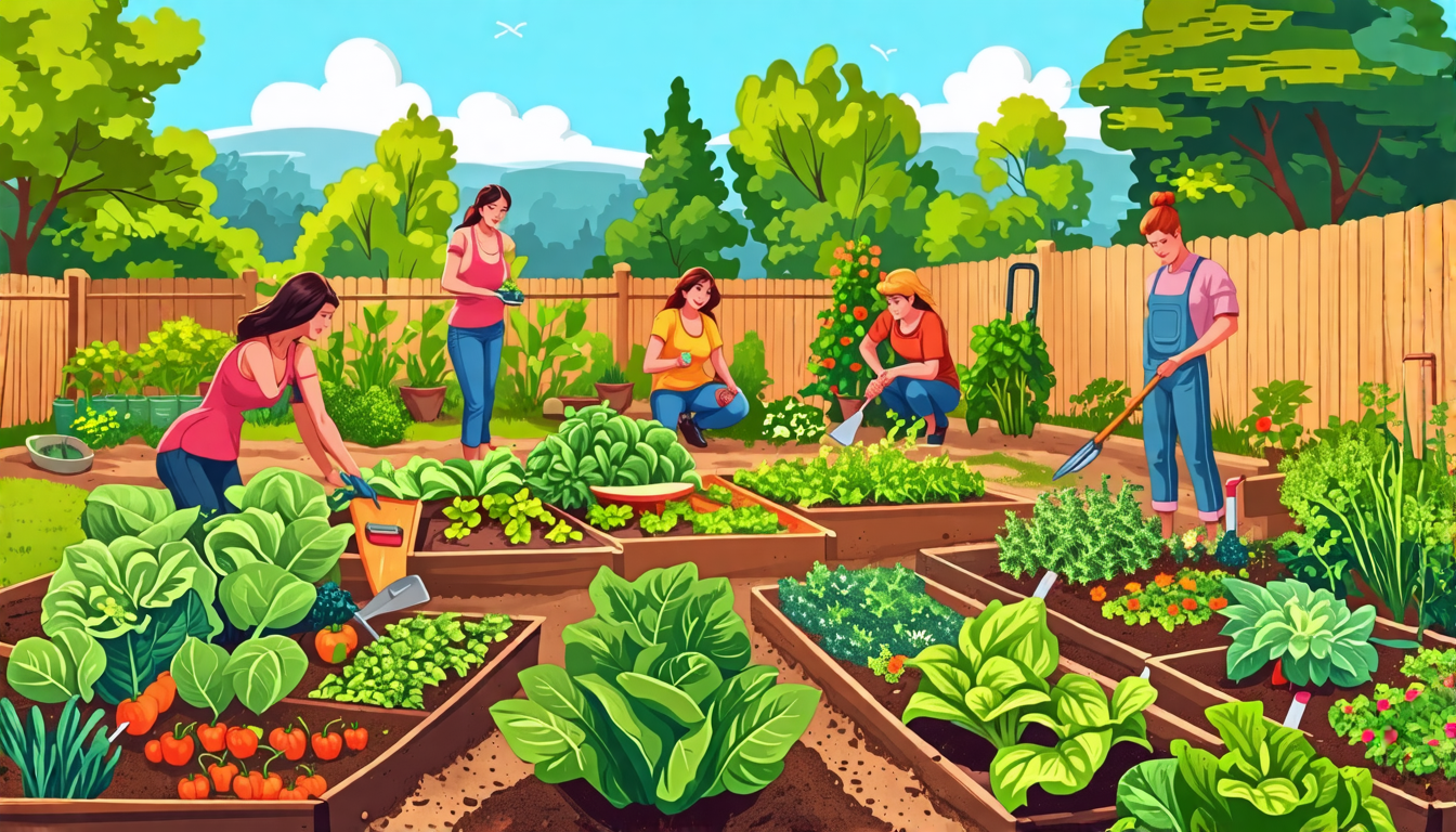 Create an image of a thriving home garden bursting with a variety of vegetables, herbs, and flowers, with a diverse group of people happily tending to the plants. The setting should include raised gar