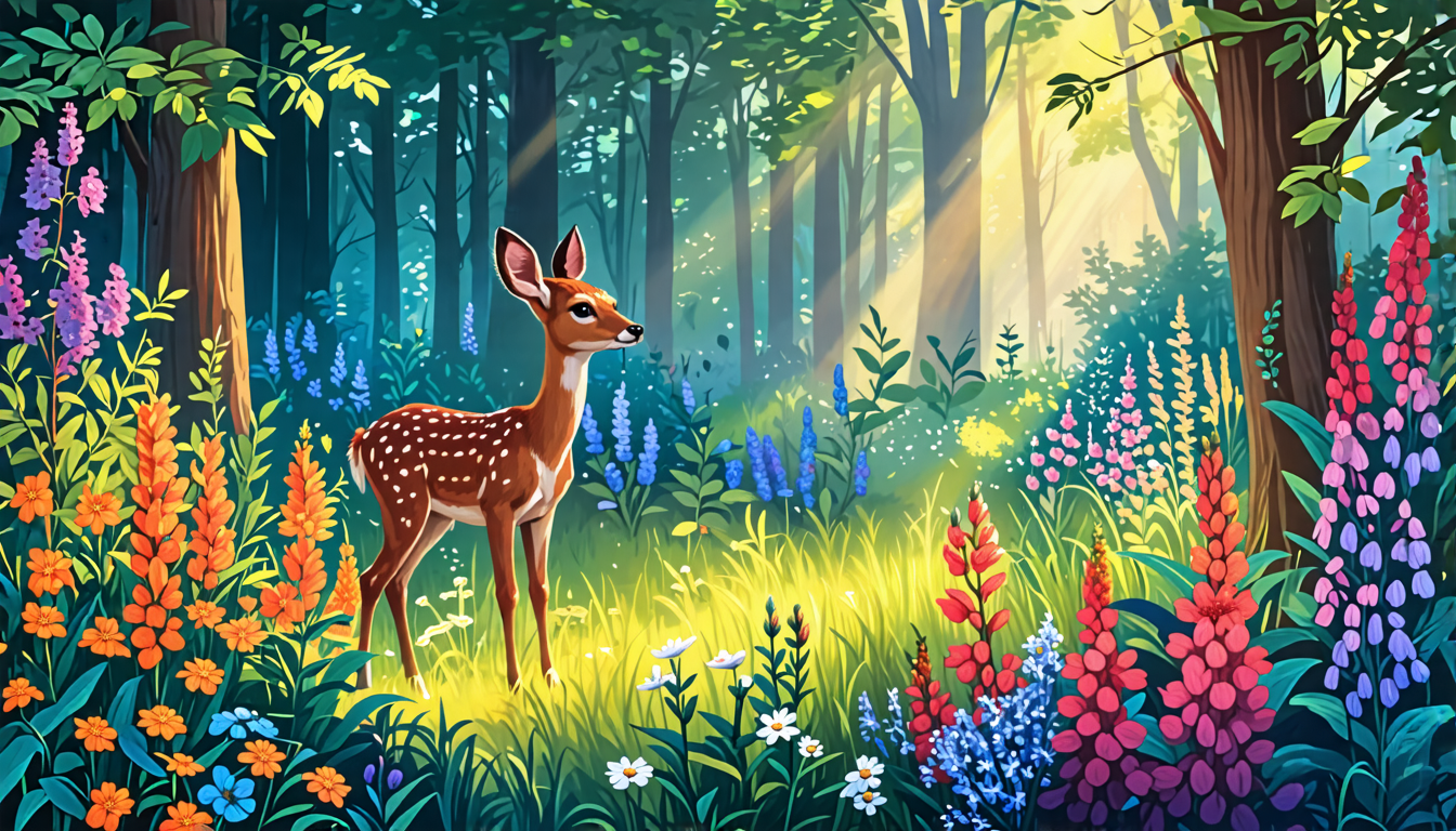 Create an image of a peaceful forest scene where a variety of flowering plants are growing. In the foreground, illustrate a close-up of vibrant, blooming flowers with bulbs that deer typically avoid.